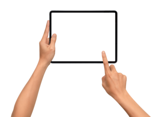 Close-up of hands holding a modern tablet with blank screen isolated on transparent PNG.	
