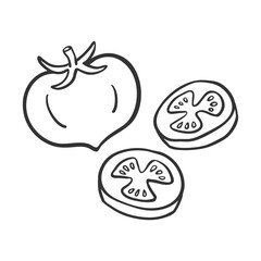 Line Art Drawing of Whole and Sliced Tomato