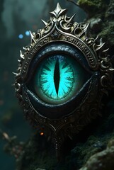 Obraz premium A glowing vibrant teal eye with a vertical pupil is framed in intricate, dark gothic metal, vertical composition. Positioned on deep moss, the mystical artifact evokes an ancient fantasy atmosphere.
