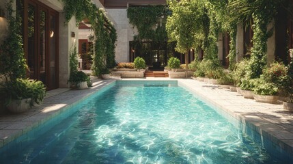 Serene courtyard featuring a clear pool surrounded by lush greenery in a peaceful retreat environment