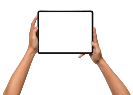 Close-up of hands holding a modern tablet with blank screen isolated on transparent PNG.