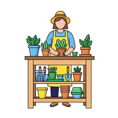 Woman Gardening Plants on Wooden Table with Pots and Tools in a Vector Illustration