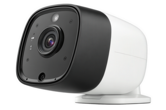 Black and white security camera isolated on transparent background for home surveillance