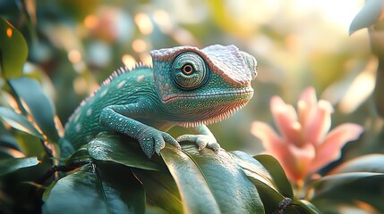 Close-up of a turquoise chameleon with large eyes on a green leaf reptile lizard photo