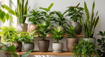 Fototapeta premium Collection of Potted Indoor Plants Displayed on Shelves Diverse Greenery Home Decor Botanical Arrangement