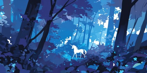 Mystical Unicorn in a Deep Blue Enchanted Forest - Perfect for Fantasy Books, Magical Themes, and Children's Storytelling Projects