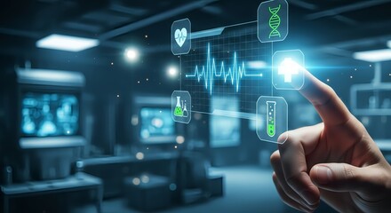A hand touching a digital interface displaying medical icons in a futuristic laboratory
