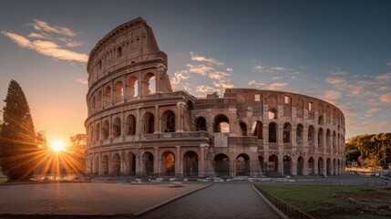 Naklejka premium Sunrise over the Colosseum in Rome with a beautiful sky and sunlight peeking through ancient arches