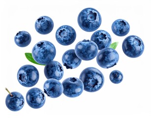 Isolated Group of Ripe Blueberries Floating Against White Background