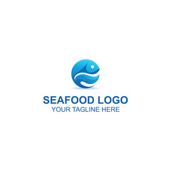 Blue Fish Wave Seafood Logo Design with Creative Illustration