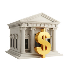 3d icon of bank building facade with large golden dollar sign isolated on transparent background