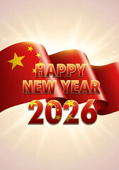 Happy new year 2026 with waving chinese flag on bright background
