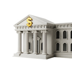 3d icon of classical bank building with dollar symbol on pediment isolated on transparent background