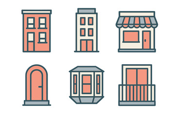 Modern architectural elements: apartment buildings, retail shop, balcony, bay window, entrance