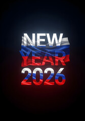 Happy new year 2026 with waving russian flag on dark background