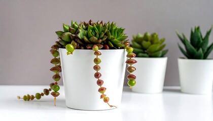 Succulents in white pots on white surface with grey background