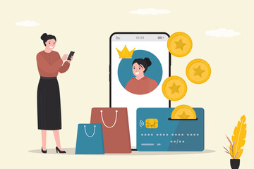 Reward program, motivation for shopping. Happy woman consumer with shopping bags earning cash back. Bank card with golden coins, cashback, loyalty program.