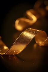 Golden ribbon curves, sparkling with glitter on a dark backdrop and soft bokeh, vertical composition. Luxurious image offers festive elegance, ideal for upscale holiday designs.