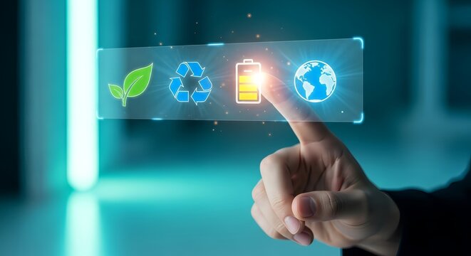 A finger touching a screen displaying leaf recycle battery and earth icons on blue background - Powered by Adobe