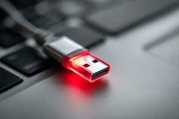 Close-up of glowing USB drive plugged into laptop, red light symbolizing virus infection, 