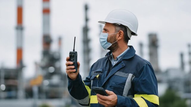 277Engineer with safety helmet and mask calibrating precise sensors beside industrial chimneys, industrial landscape with smoke and piping in soft focus
