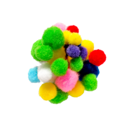 Colorful fluffy pom poms clustered together, isolated on white background, creative craft concept.