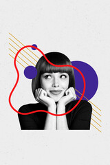3d image pop vertical collage of minded pretty girl stand portrait dream bob hairdo brunette...