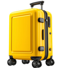 yellow travel suitcase with wheels, isolated on a white background, side view. 3d rendering. isolated yellow luggage in a studio. mockup for design. volumetric lighting. close-up. front view. flat lay