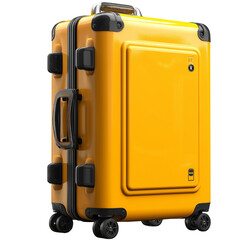 yellow travel suitcase with wheels, isolated on a white background, side view. 3d rendering. isolated yellow luggage in a studio. mockup for design. volumetric lighting. close-up. front view. flat lay