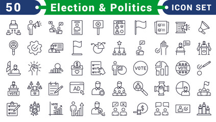 Election & Politics Bold vector web line icons depicting politics, elections, governance, campaigns, and civic engagement for democratic processes and leadership.