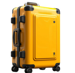 yellow travel suitcase with wheels, isolated on a white background, side view. 3d rendering. isolated yellow luggage in a studio. mockup for design. volumetric lighting. close-up. front view. flat lay