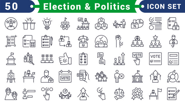 Election & Politics Bold vector web line icons depicting politics, elections, governance, campaigns, and civic engagement for democratic processes and leadership.