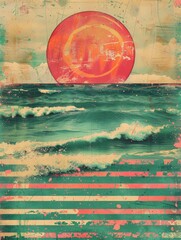 Abstract features a half-circle sun rising above horizontal stripes, representing the sea, set against a soft background