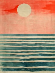 Abstract features a half-circle sun rising above horizontal stripes, representing the sea, set against a soft background