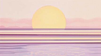 Features a half-circle sun in orange rising above horizontal blue stripes, representing the sea, set against a soft lavender background