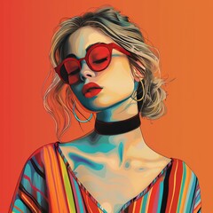 Stylized illustration of a woman with light hair, wearing red sunglasses.