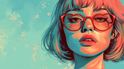 Stylized illustration of a woman with light hair, wearing red sunglasses.