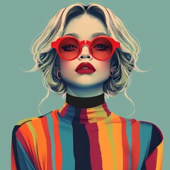Stylized illustration of a woman with light hair, wearing red sunglasses.