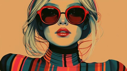 Stylized illustration of a woman with light hair, wearing red sunglasses.