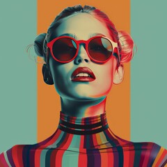 Stylized illustration of a woman with light hair, wearing red sunglasses.