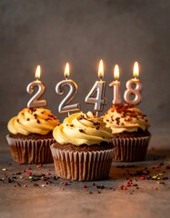 Three cupcakes with lit candles spelling out a celebratory number
