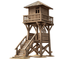 a realistic wooden watchtower with a balcony for hunting, white background, no shadows, hyper-detailed rendering style, raw wood texture, detailed model sheet, 3d render, low-poly design, high resolut