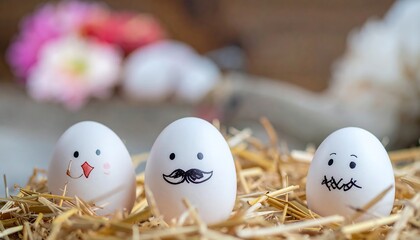 Three decorated eggs with faces in a bed of hay with flowers