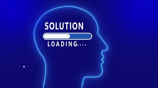 Neon blue human head silhouette with ' SOLUTIONLOADING' text and progress bar solution 4k video