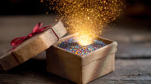 Magical glowing gift box exploding with vibrant sparkling energy and colorful beads, symbolizing wonder and surprise