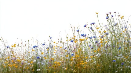 Colorful wildflower meadow blooms under bright sky in springtime landscape, showcasing vibrant blue, yellow, and purple flowers