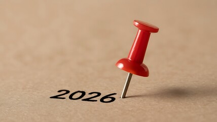 Red Push Pin Marking the Year 2026 on a Calendar — Concept of Future Planning and Upcoming Goals.
