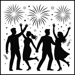 Fototapeta premium Flat Black Vector Silhouette of Couple and Friends Dancing at New Year Party