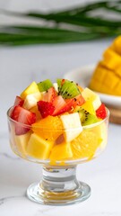 Colorful Fruit Salad with Tropical Fruits in Glass Bowl for Premium Dessert Object and Healthy Food Concept