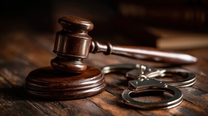 Court gavel placed beside handcuffs on wooden table in dimly lit room during legal proceedings